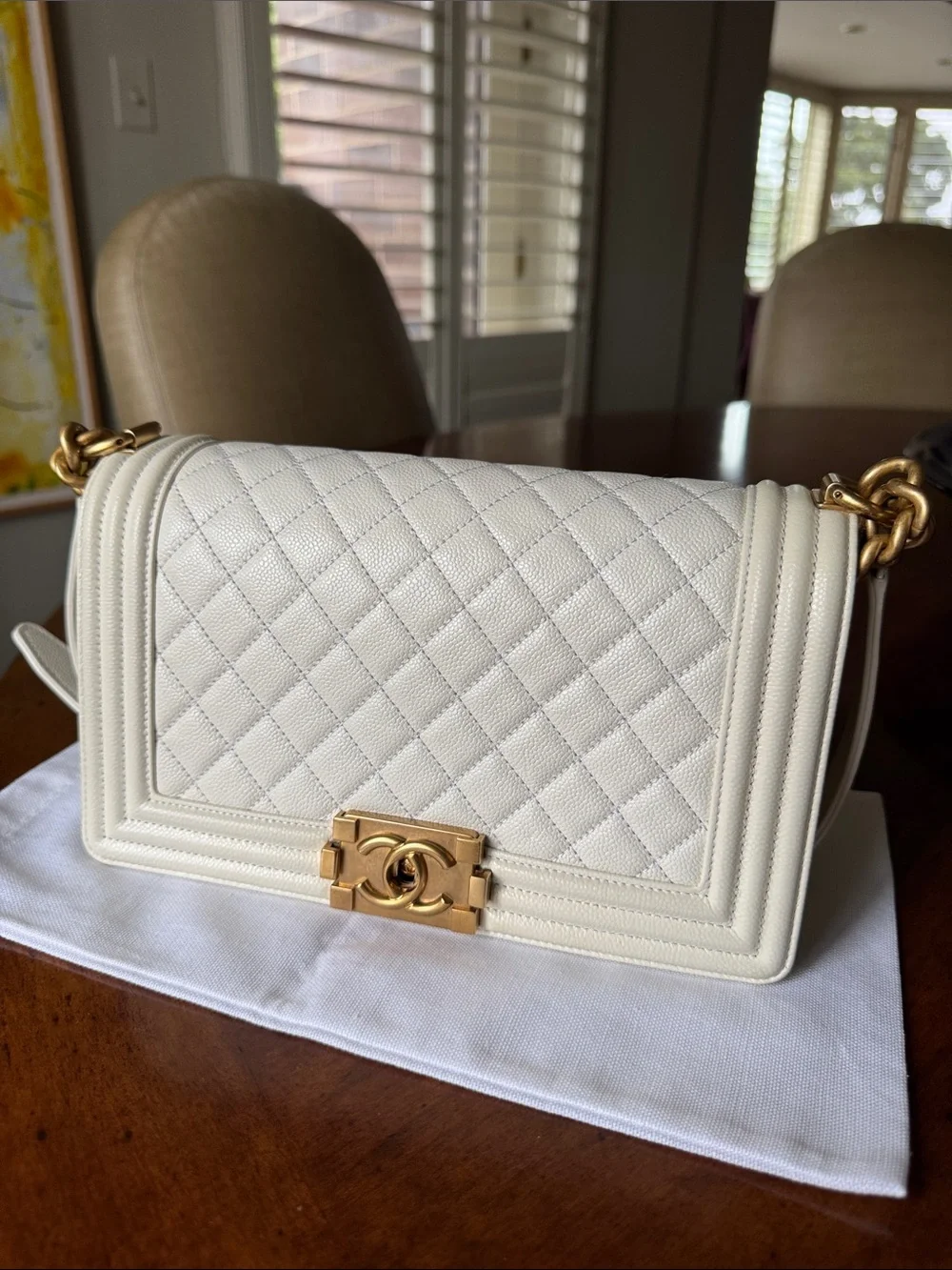 CHANEL Off White  Quilted Boy Shoulder Bag with Gold Hardware